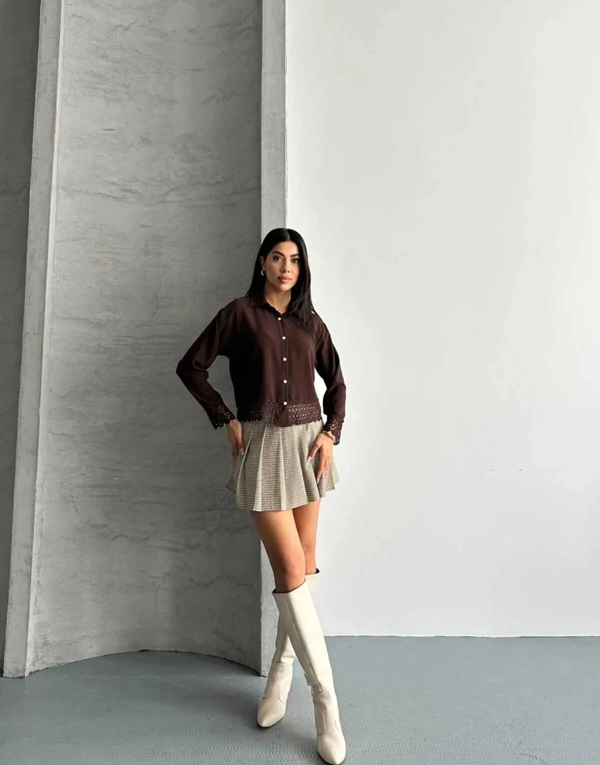 Brown Crop Lace Shirt