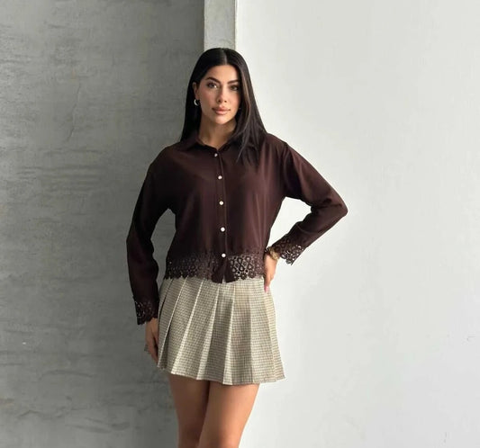 Brown Crop Lace Shirt