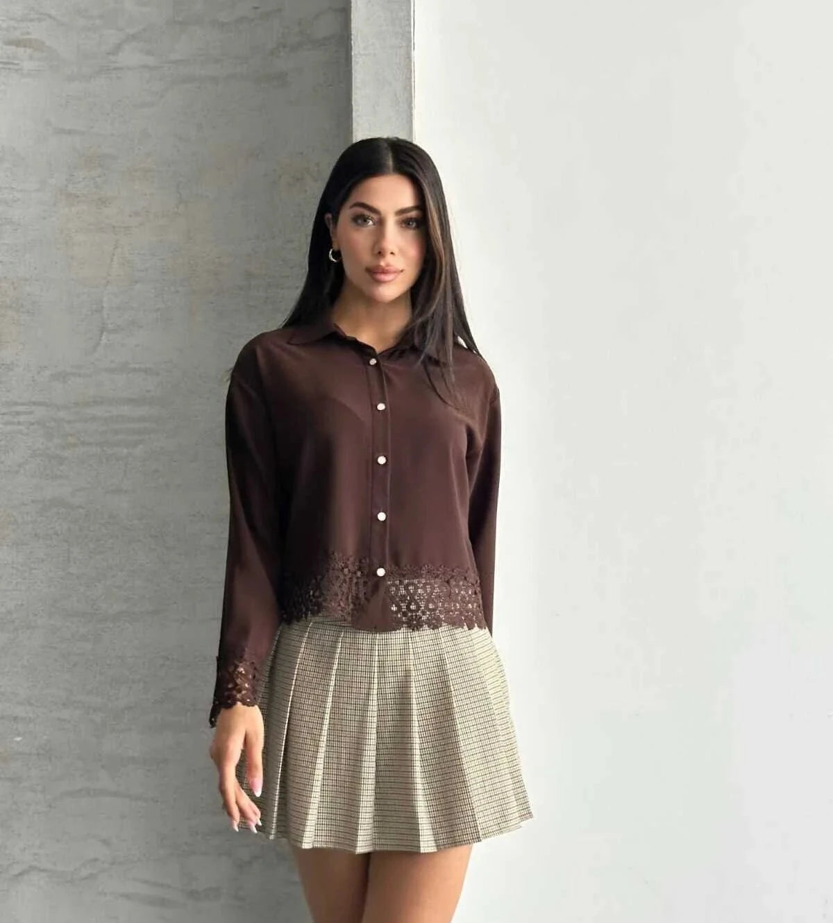 Brown Crop Lace Shirt
